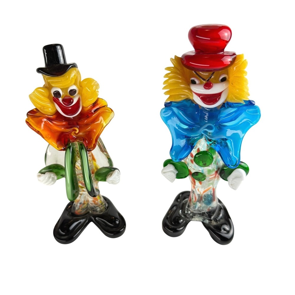 Vintage Murano Handblown Art Glass Clown Figurines Pair 8.5" Italian Glass